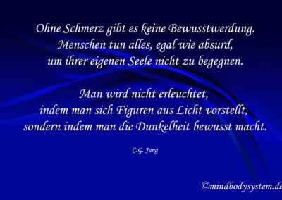 Ohne Schmerz gibt es keine Bewusstwerdung. Menschen tun alles, egal wie absurd, um ihrer eigenen Seele nicht zu begegnen. Man wird nicht erleuchtet, indem man sich Figuren aus Licht vorstellt, sondern indem man die Dunkelheit bewusst macht. C.G. Jung